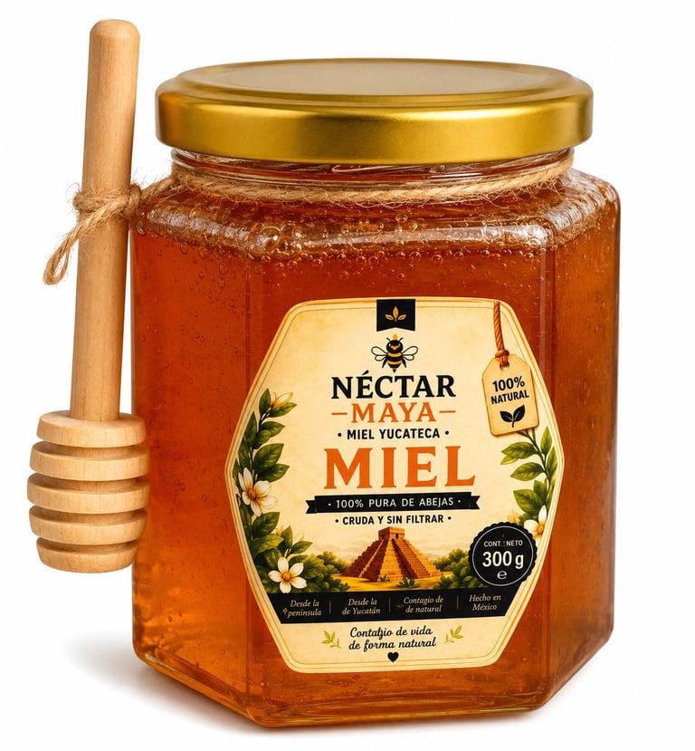 Jar of Nectar Maya pure honey with wooden honey dipper, 300g hexagonal glass