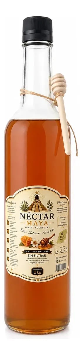 Bottle of Nectar Maya honey with black cap and wooden honey dipper, 1kg natural unfiltered honey