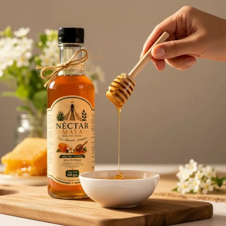 Hand drizzling honey from a wooden dipper into a white bowl, next to a Nectar Maya honey bottle