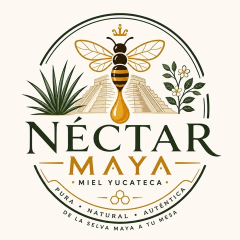 Nectar Maya logo featuring a golden bee above a honey drop with Mayan pyramid, plant elements, and text advertising pure natural Yucatan honey