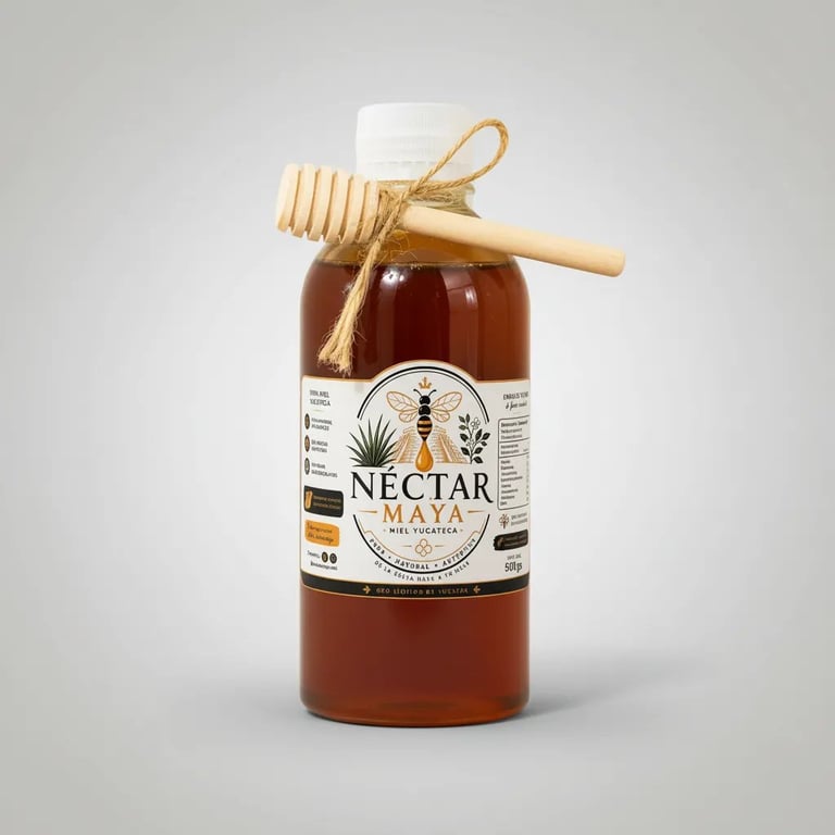 Bottle of Nectar Maya honey with wooden honey dipper and white ceramic cup