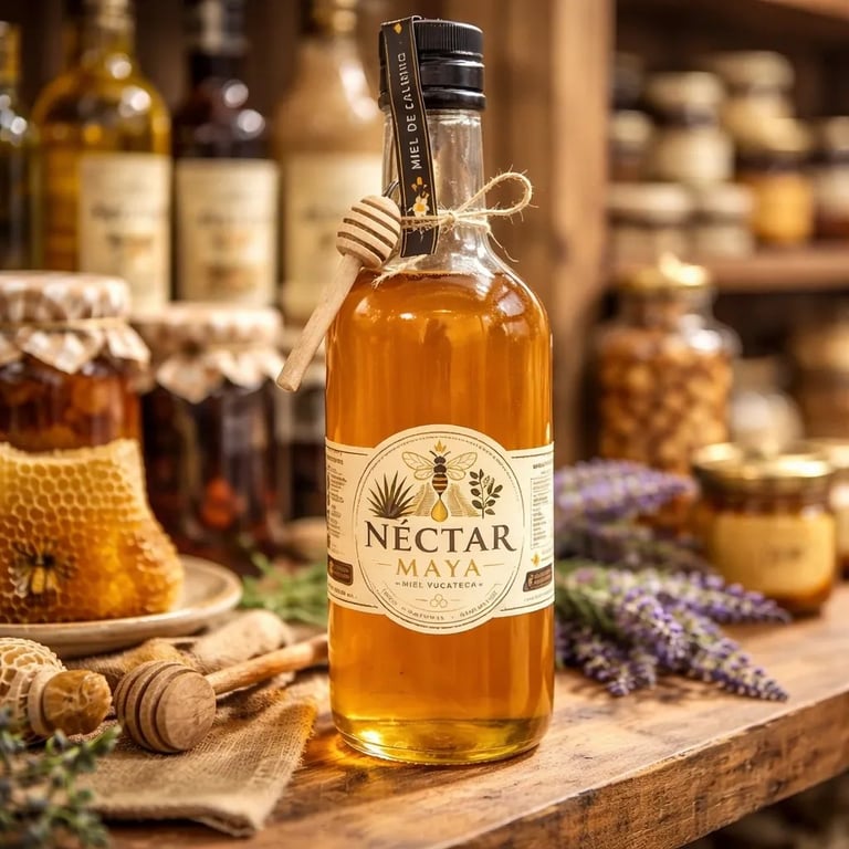 Bottle of Nectar Maya honey liqueur on wooden surface surrounded by honeycomb, lavender, and decorative kitchen items