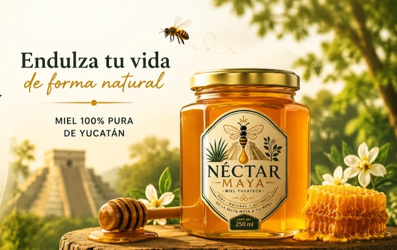 Golden honey jar labeled Nectar with dipper and honeycomb on natural background with Spanish text about pure Yucatan honey